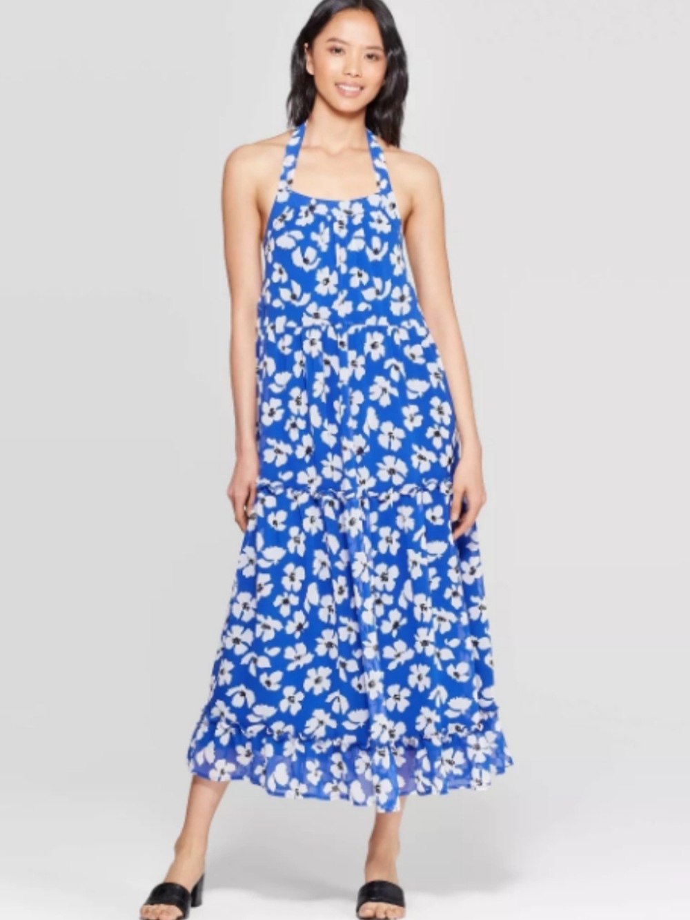 Who What Wear Royal Blue and White Floral Halter Maxi Dress